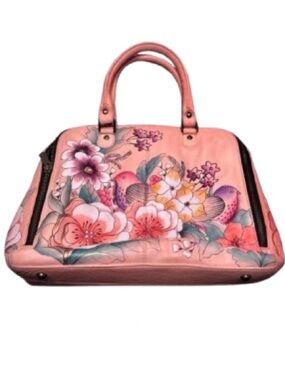 Anuschka Birds and Flowers Leather Purse Pink Peach Designer Hand Painted Floral